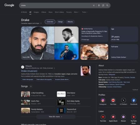 Drake artist search reference showing music, biographical details, and online profiles