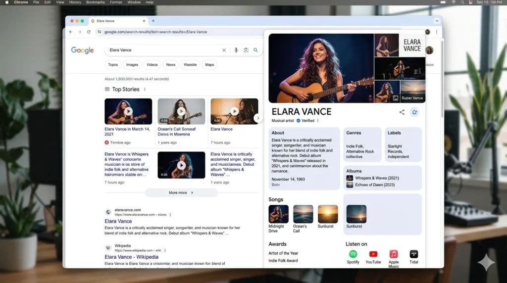 Illustrative Elara Vance artist Google search and Knowledge Panel presentation